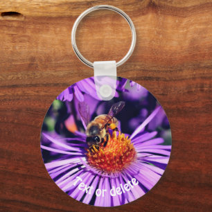 Honey Bee On Purple Aster Flower Personalised Key Ring