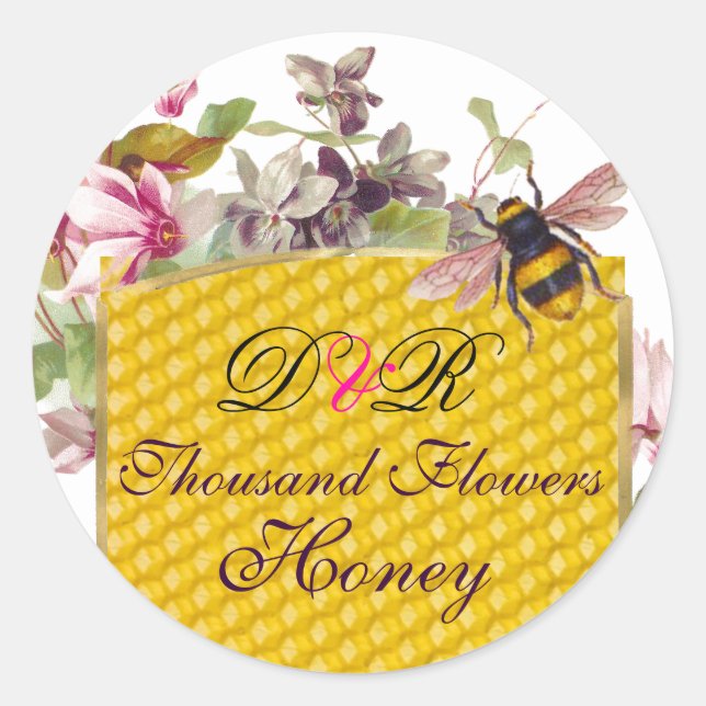 HONEY BEE,PINK CYCLAMEN FLOWERS BEEKEEPER MONOGRAM CLASSIC ROUND STICKER (Front)