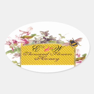 HONEY BEE,PINK CYCLAMEN FLOWERS BEEKEEPER MONOGRAM OVAL STICKER