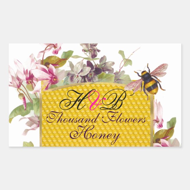 HONEY BEE,PINK CYCLAMEN FLOWERS BEEKEEPER MONOGRAM RECTANGULAR STICKER (Front)