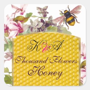 HONEY BEE,PINK CYCLAMEN FLOWERS BEEKEEPER MONOGRAM SQUARE STICKER