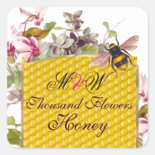 HONEY BEE,PINK CYCLAMEN FLOWERS BEEKEEPER MONOGRAM SQUARE STICKER