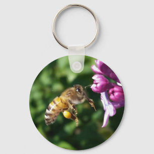 Honey Bee Pollinating Purple Lilacs Key Ring