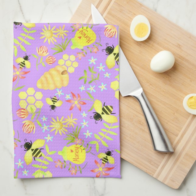 Honey Bee Purple Tea Towel (Quarter Fold)