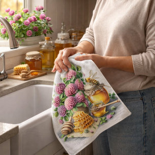 Honey Bee Red Clover Farmhouse Kitchen Towel  