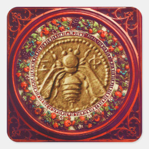 HONEY BEE / RED GREEN FLORENTINE FLORAL CROWN SQUARE STICKER