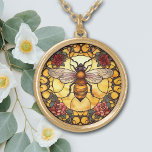 Honey Bee Rose Stained Glass Gold Plated Necklace<br><div class="desc">On this unique necklace is the image of a gold honey bee against a stained glass style background. A border with red and pink roses and a subtle light glow adds interest to the design. Elegant, bright, and colourful! Be sure to see the matching earrings and key chain in our...</div>