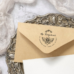 Honey Bee Rustic Script Family Name Return Address Rubber Stamp