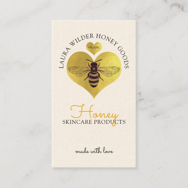 Honey Bee Skincare Products Gold Heart Bee Logo Business Card (Front)