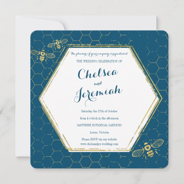 Honey Bee Teal Gold Custom Wedding Invitation (Front)