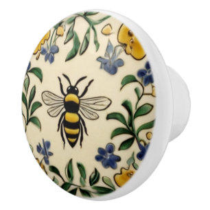 Honey Bee Traditional Blue Yellow Mediterranean Ceramic Knob