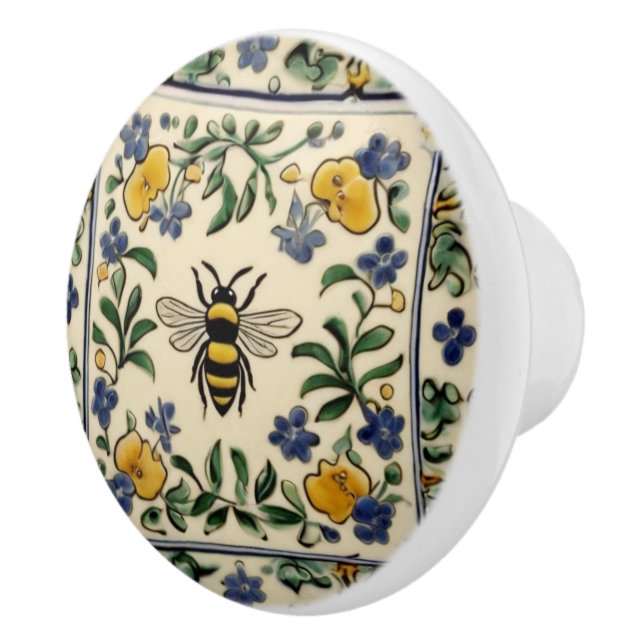 Honey Bee Traditional Blue Yellow Mediterranean Ceramic Knob (Right)