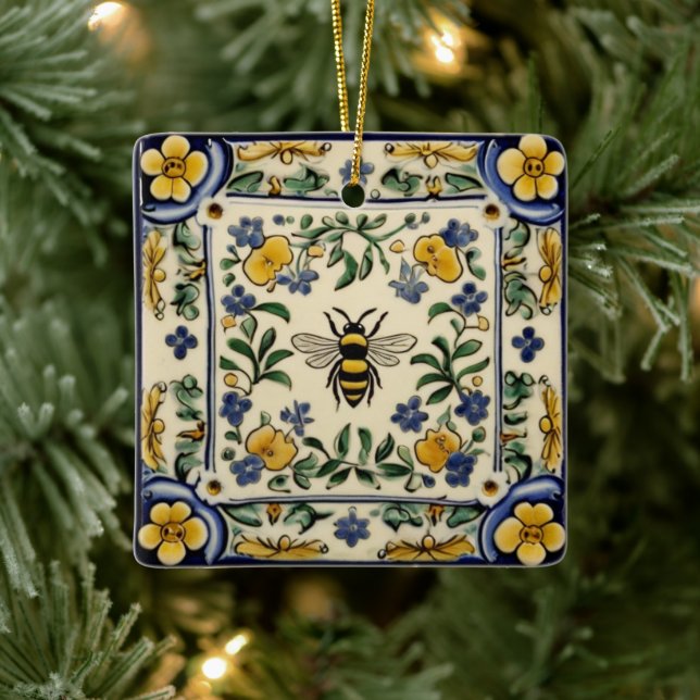 Honey Bee Traditional Blue Yellow Mediterranean Ceramic Ornament (Tree)
