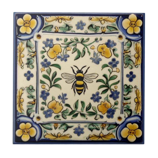 Honey Bee Traditional Blue Yellow Mediterranean Tile (Front)