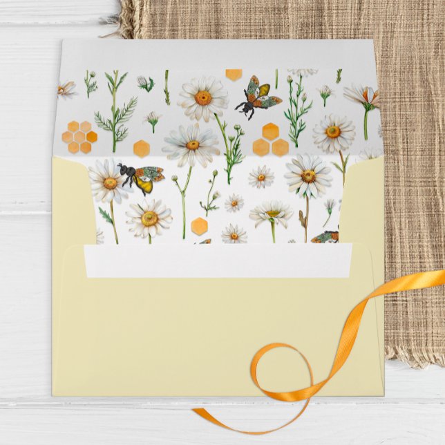 Honey Bee Watercolor Baby Shower Envelope | Bumble (Bumblebee Wildflowers & Honeycomb Patterned Envelope)