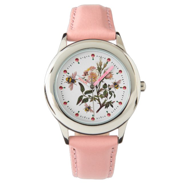 HONEY BEE ,WILD ROSES ,BEEKEEPER Floral Pink White Watch (Front)
