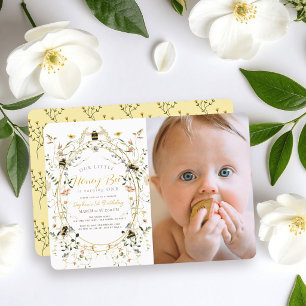Honey Bee Wildflower Girl Photo 1st Birthday Invitation