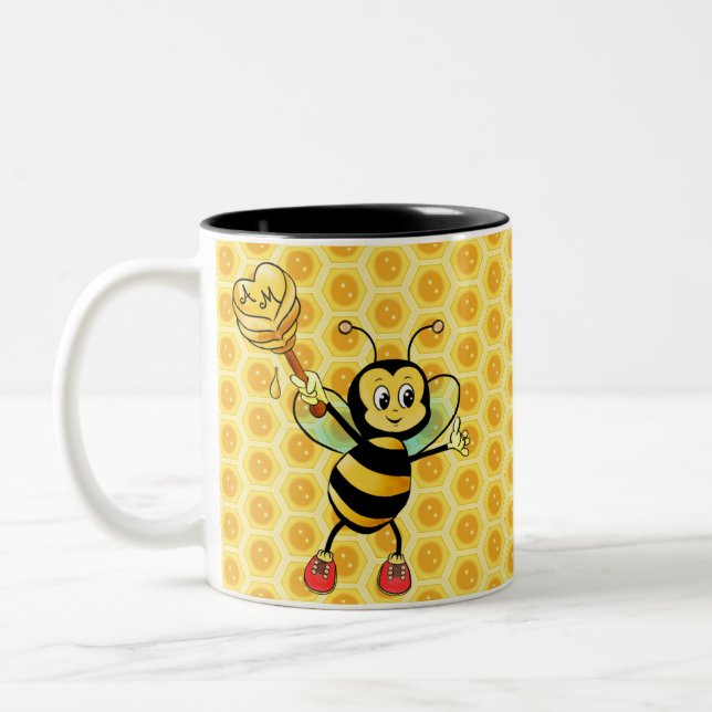 Honey Bee with Heart & Monogram Two-Tone Coffee Mug (Left)