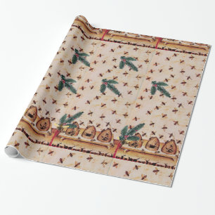 HONEY BEE WITH PINE CONES BEEKEEPER SUPPLIES WRAPPING PAPER