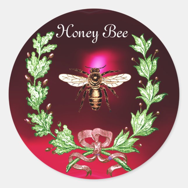 HONEY BEE ,WREATH WITH OAK LEAVES  AND RED RIBBON CLASSIC ROUND STICKER (Front)