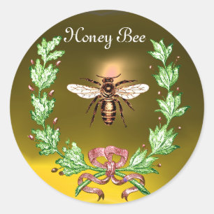 HONEY BEE ,WREATH WITH OAK LEAVES AND RED RIBBON CLASSIC ROUND STICKER
