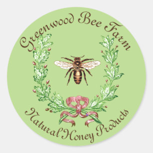 HONEY BEE ,WREATH WITH OAK LEAVES CLASSIC ROUND STICKER