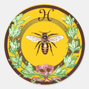 HONEY BEE ,WREATH WITH OAK LEAVES MONOGRAM CLASSIC ROUND STICKER