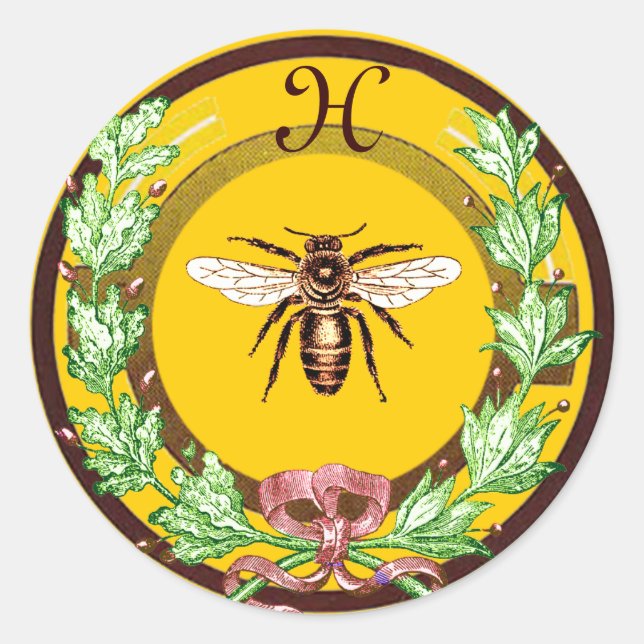 HONEY BEE ,WREATH WITH OAK LEAVES  MONOGRAM CLASSIC ROUND STICKER (Front)