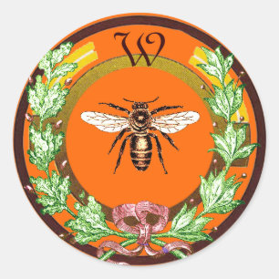 HONEY BEE ,WREATH WITH OAK LEAVES MONOGRAM CLASSIC ROUND STICKER