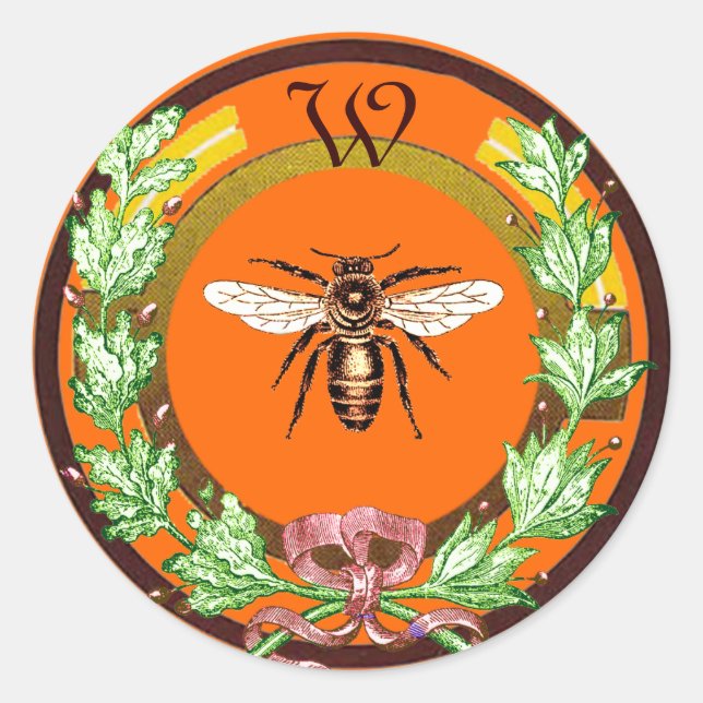HONEY BEE ,WREATH WITH OAK LEAVES  MONOGRAM CLASSIC ROUND STICKER (Front)