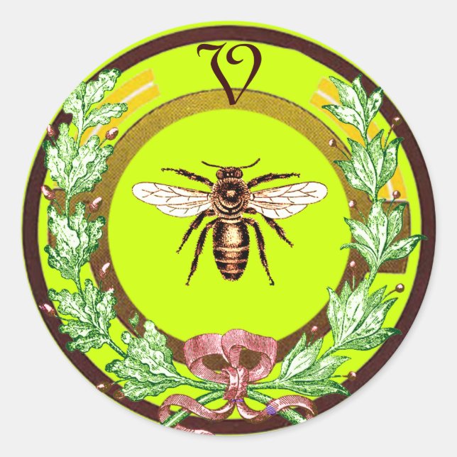 HONEY BEE ,WREATH WITH OAK LEAVES  MONOGRAM CLASSIC ROUND STICKER (Front)