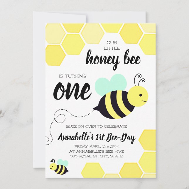 Honey Bee Yellow and Mint First Birthday Invitation (Front)