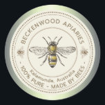 Honey Bee Yellow Beekeeper Apiary Green Border Classic Round Sticker<br><div class="desc">Label your own honey, candles, beeswax and more with this vintage black and yellow honey bee honey sticker. Personalise with your apiary business name at the top and add in your location or address below. You can edit the descriptive text to match your product or keep it general to match...</div>