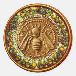 HONEY BEE / YELLOW GREEN FLORENTINE FLORAL CROWN CLASSIC ROUND STICKER