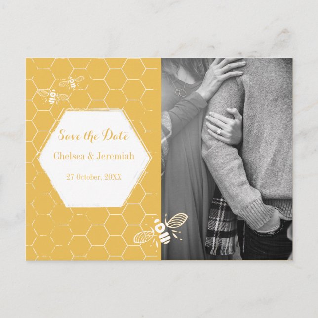 Honey Bee Yellow Photo Save the Date Postcard (Front)