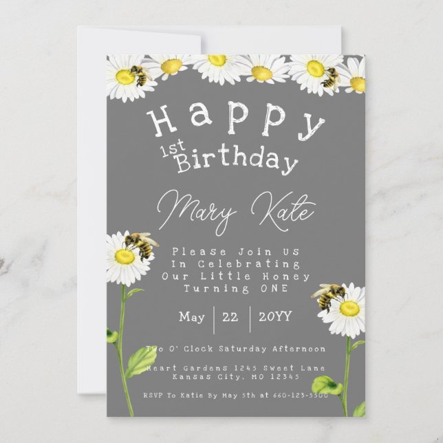 Honey Bees and Daisies 1st Birthday Invitation (Front)