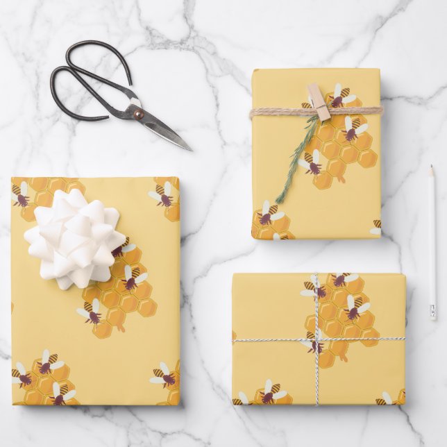 Honey Bees and Honeycomb Design Wrapping Paper Sheet (Front)