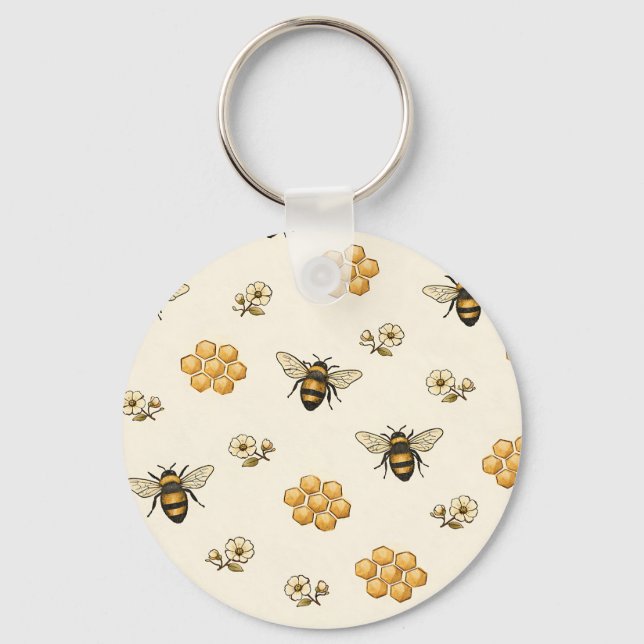 Honey Bees and Honeycomb Seamless Pattern Key Ring (Front)
