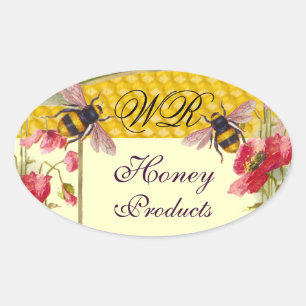 HONEY BEES AND RED POPPIES BEEKEEPER MONOGRAM OVAL STICKER