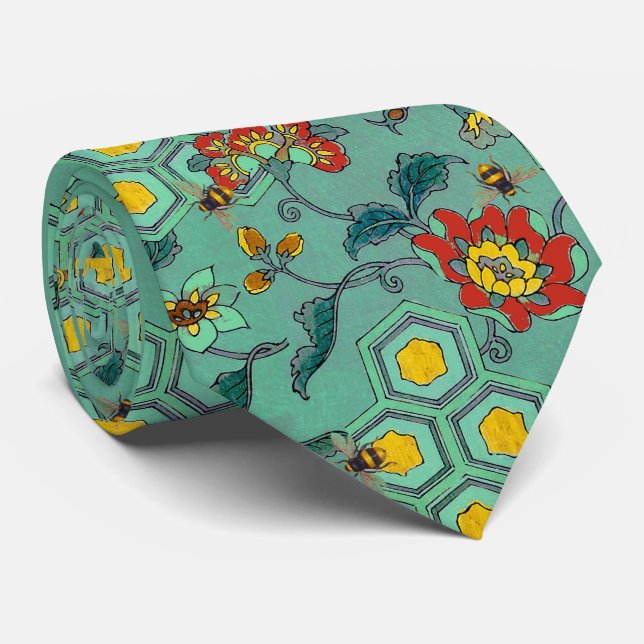 HONEY BEES,BEEHIVES,SPRING FLOWERS BEEKEEPER Green Tie (Rolled)
