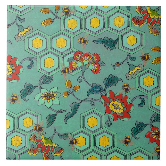 HONEY BEES,BEEHIVES,SPRING FLOWERS BEEKEEPER Green Tile (Front)