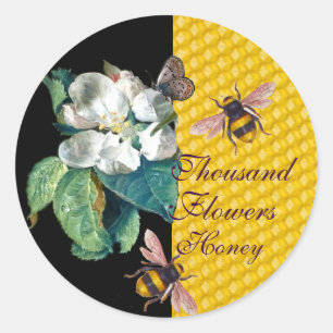 HONEY BEES, BUTTERFLY AND WHITE FLOWER CLASSIC ROUND STICKER