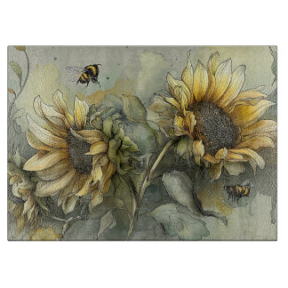 Honey Bees Buzz Amongst Sunflowers Cutting Board