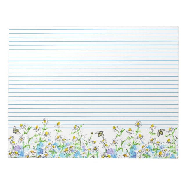 Honey Bees Chamomile Flowers Watercolor Lined Notepad (Front)