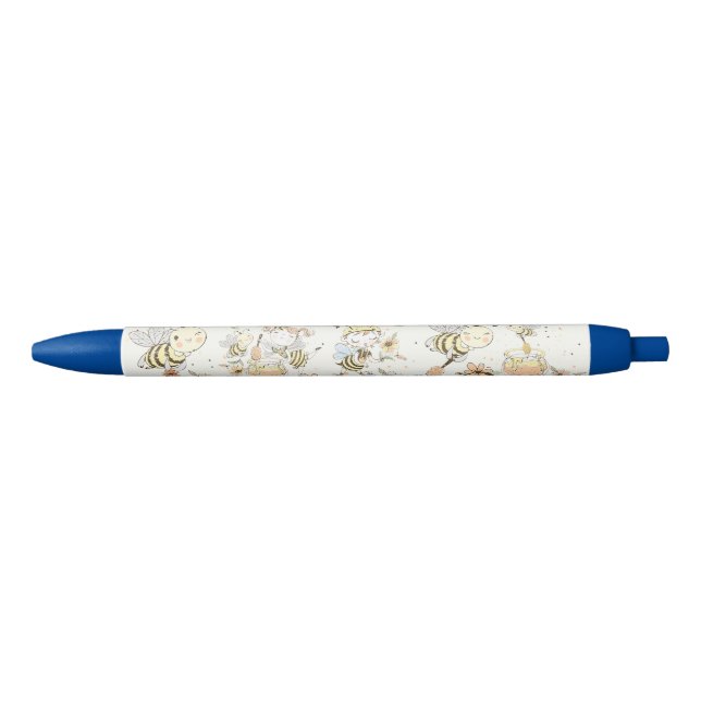 Honey Bees, Fairy & Baby Bees In Seamless Pattern Blue Ink Pen (Front)