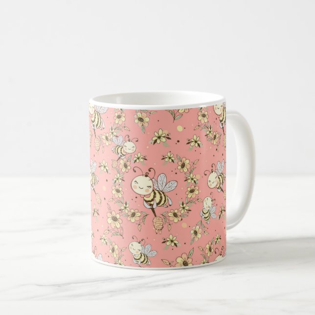 Honey Bees, Fairy & Baby Bees In Seamless Pattern Coffee Mug (Front Right)