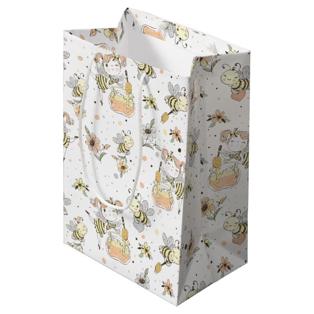 Honey Bees, Fairy & Baby Bees In Seamless Pattern Medium Gift Bag (Front Angled)