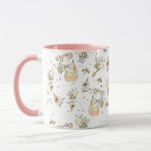 Honey Bees, Fairy & Baby Bees In Seamless Pattern Mug (Left)