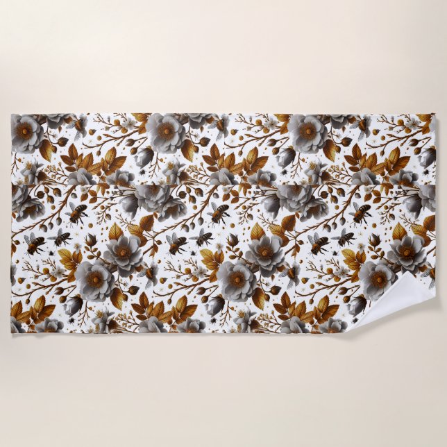 honey bees  florals and leaves pattern doodle art beach towel (Front)