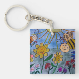 Honey Bees & Flowers Acrylic Key Ring